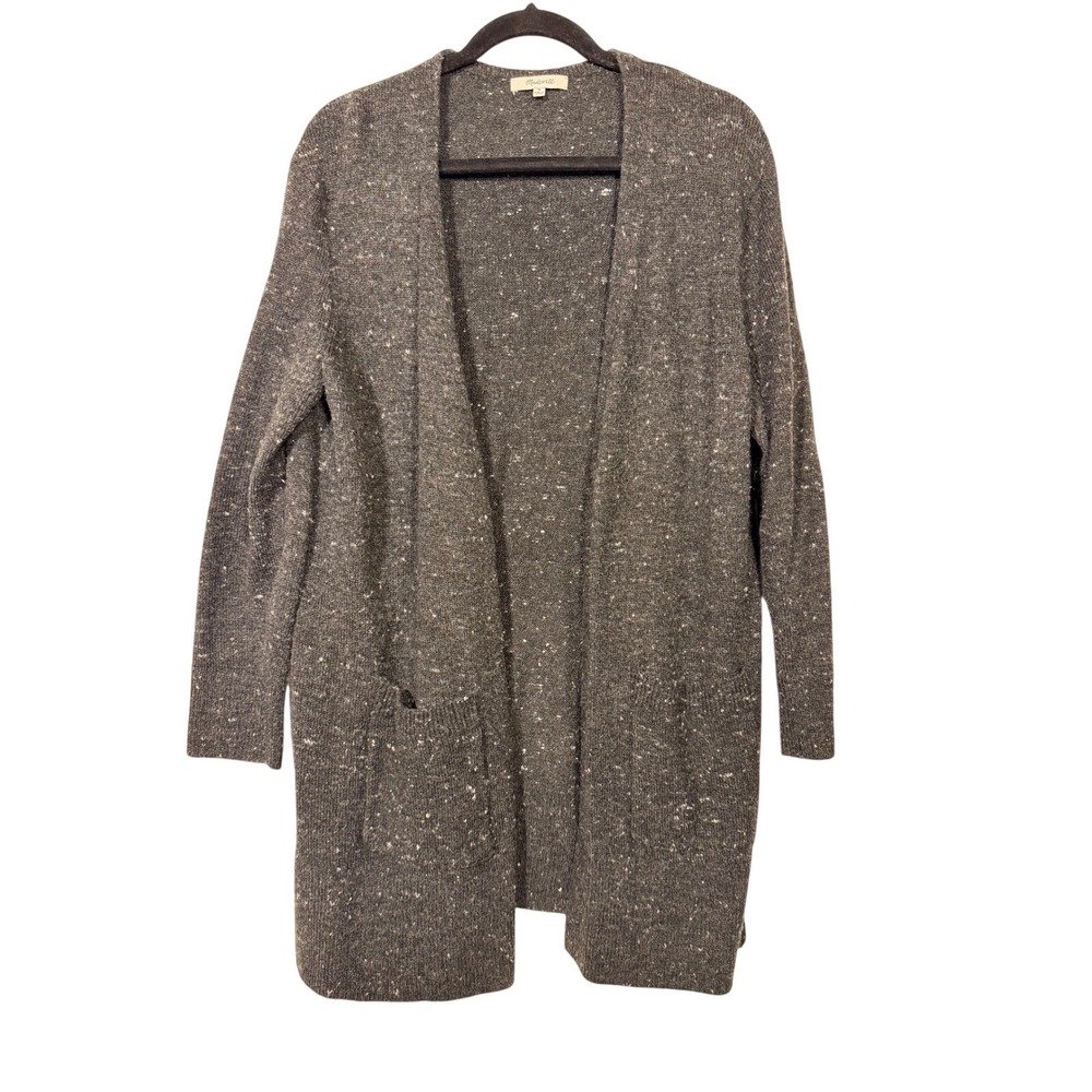 Madewell Cardigan Sweater M Black Speckled Open Front Longline Wool Blend